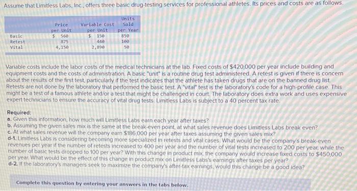 Assume that Limitless Labs, Inc., offers three basic drug-testing services for professional