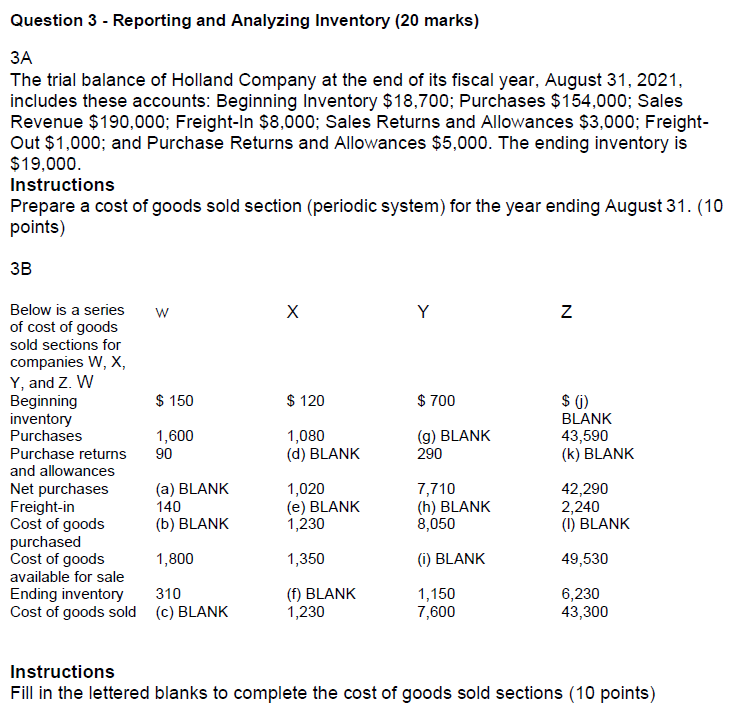 Question 3 - Reporting and Analyzing Inventory (20 marks) 3A The trial