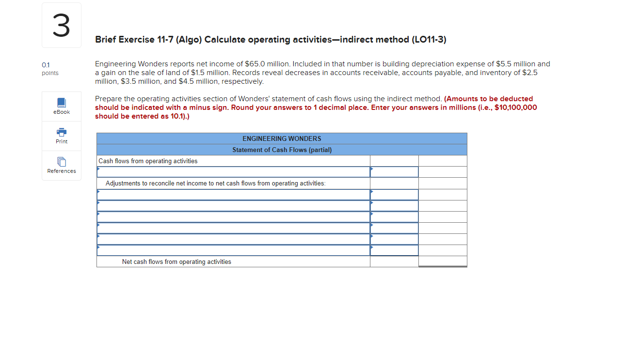 0.1 3 points eBook Brief Exercise 11-7 (Algo) Calculate operating activities-indirect method