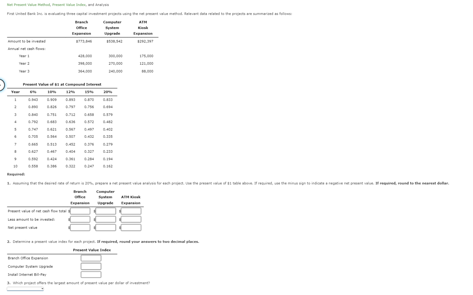 Net Present Value Method, Present Value Index, and Analysis Computer System First