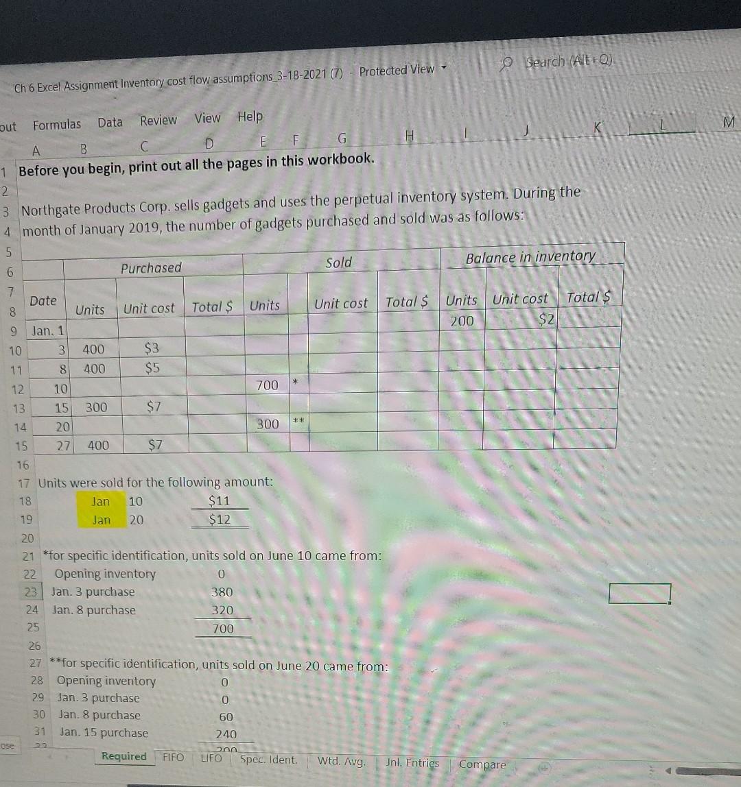 Ch 6 Excel Assignment Inventory cost flow assumptions 3-18-2021 (7) Protected View