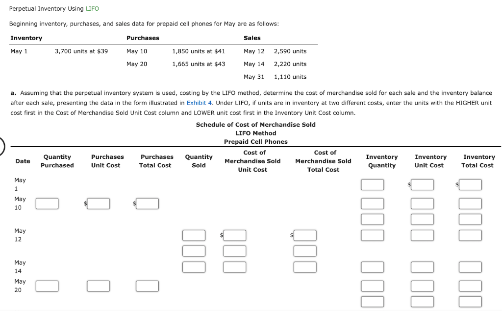 Perpetual Inventory Using LIFO Beginning inventory, purchases, and sales data for prepaid