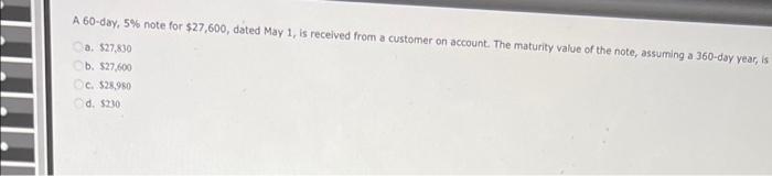 A 60-day, 5% note for $27,600, dated May 1, is received from