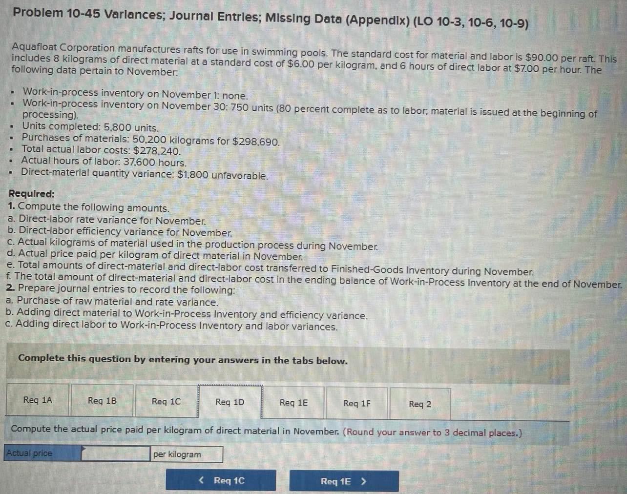 of direct material at a standard cost of $6.00 per kilogram, and