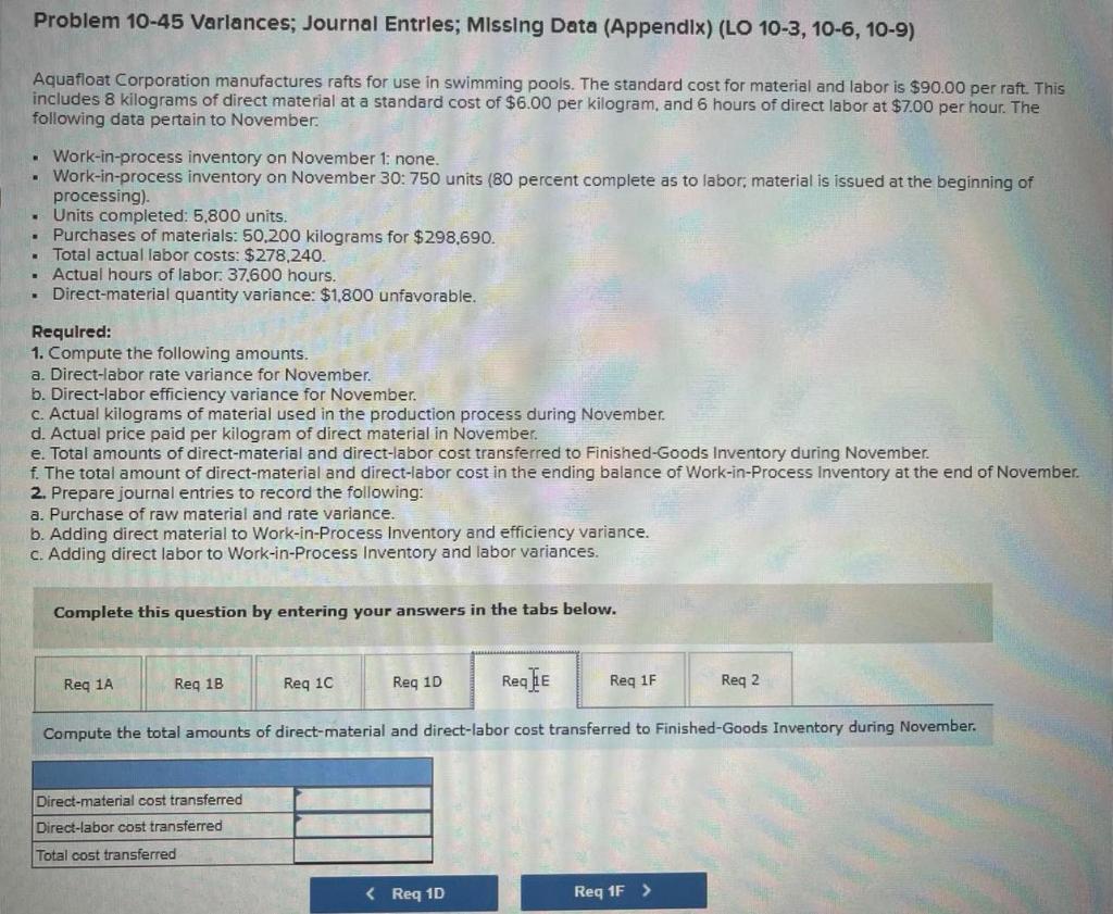 6 hours of direct labor at $7.00 per hour. The following data