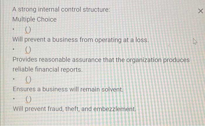 A strong internal control structure: Multiple Choice 0 Will prevent a business