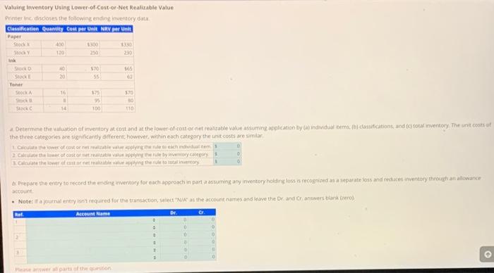 Valuing Inventory Using Lower-of-Cost-or-Net Realizable Value Printer inc discloses the following ending
