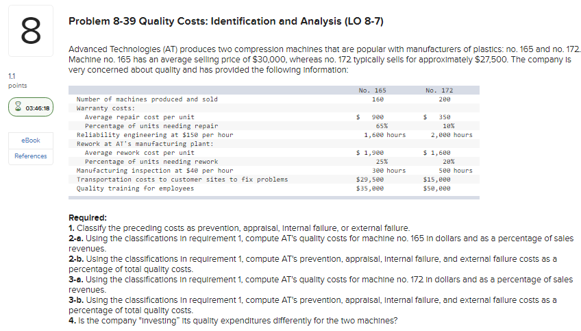 00 8 1.1 points Problem 8-39 Quality Costs: Identification and Analysis (LO