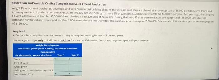 Absorption and Variable Costing Comparisons: Sales Exceed Production Wright Development purchases, develops,