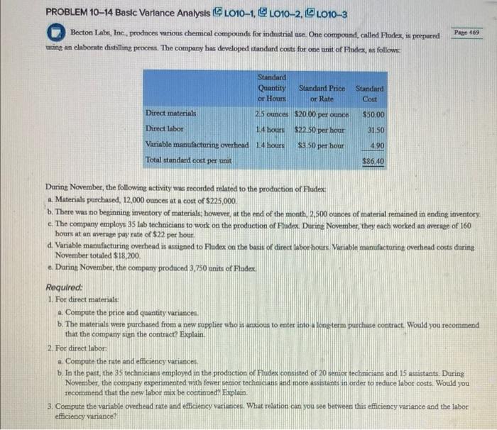 PROBLEM 10-14 Basic Variance Analysis LO10-1, LO10-2, LO10-3 Becton Labs, Inc., produces
