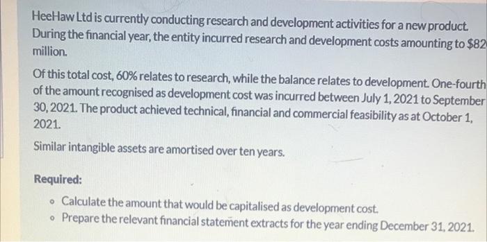 HeeHaw Ltd is currently conducting research and development activities for a new