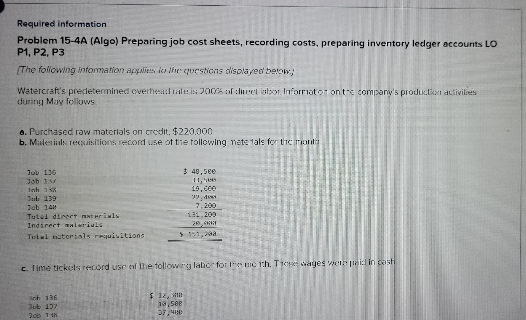 Required information Problem 15-4A (Algo) Preparing job cost sheets, recording costs, preparing