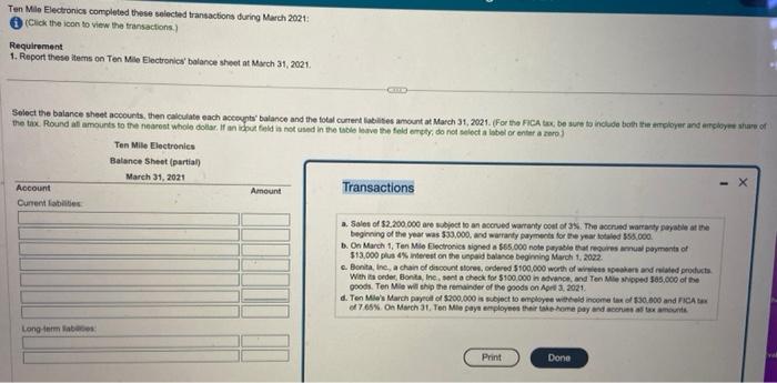 Ten Mile Electronics completed these selected transactions during March 2021: (Click the