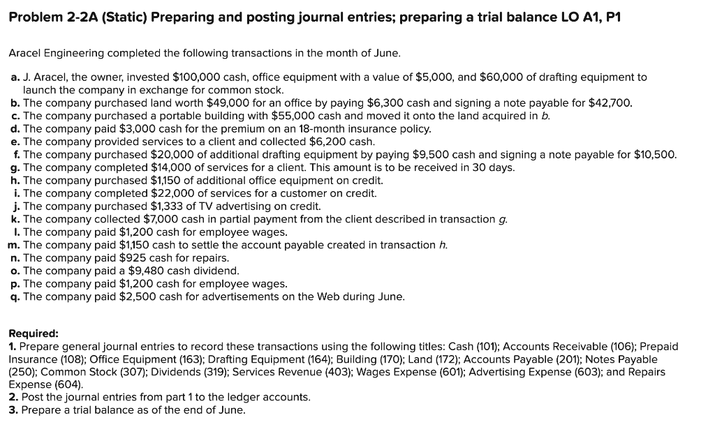 Problem 2-2A (Static) Preparing and posting journal entries; preparing a trial balance