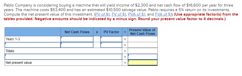 Pablo Company is considering buying a machine that will yield income of