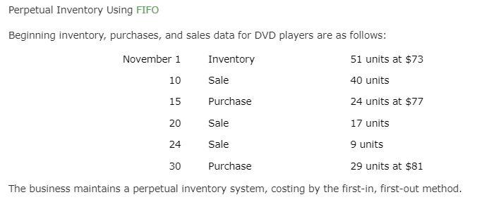 Perpetual Inventory Using FIFO Beginning inventory, purchases, and sales data for DVD