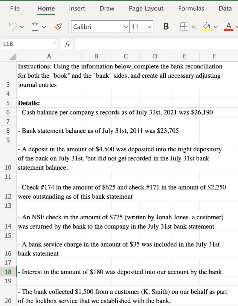 L18 File Home Insert Draw Page Layout Formulas Data 11 B A