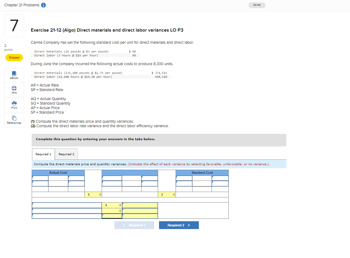 Chapter 21 Problems 7 2 points Skipped eBook Hint Exercise 21-12 (Algo)