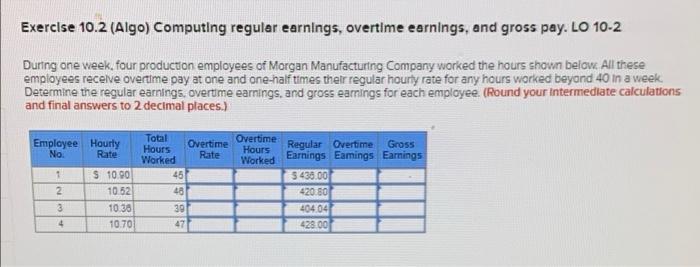 Exercise 10.2 (Algo) Computing regular earnings, overtime earnings, and gross pay. LO
