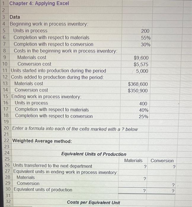 1 Chapter 4: Applying Excel 2 3 Data 5 6 4 Beginning