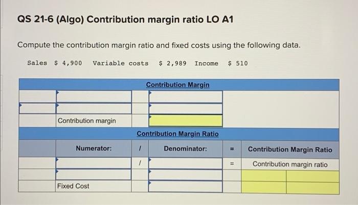 QS 21-6 (Algo) Contribution margin ratio LO A1 Compute the contribution margin