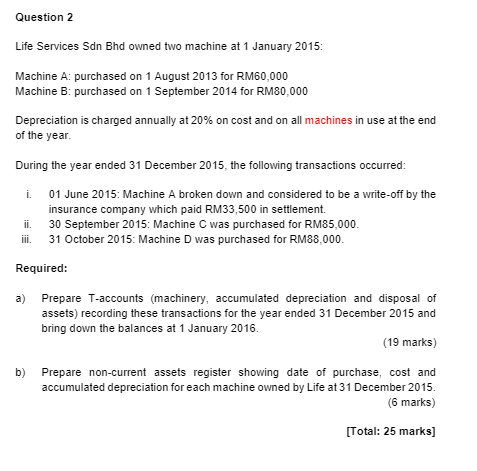 Question 2 Life Services Sdn Bhd owned two machine at 1 January