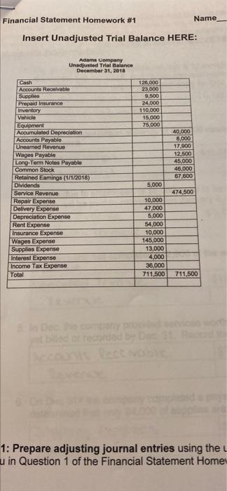 Financial Statement Homework #1 Name Insert Unadjusted Trial Balance HERE: Adams Company