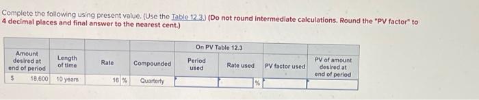 Complete the following using present value. (Use the Table 12.3.) (Do not