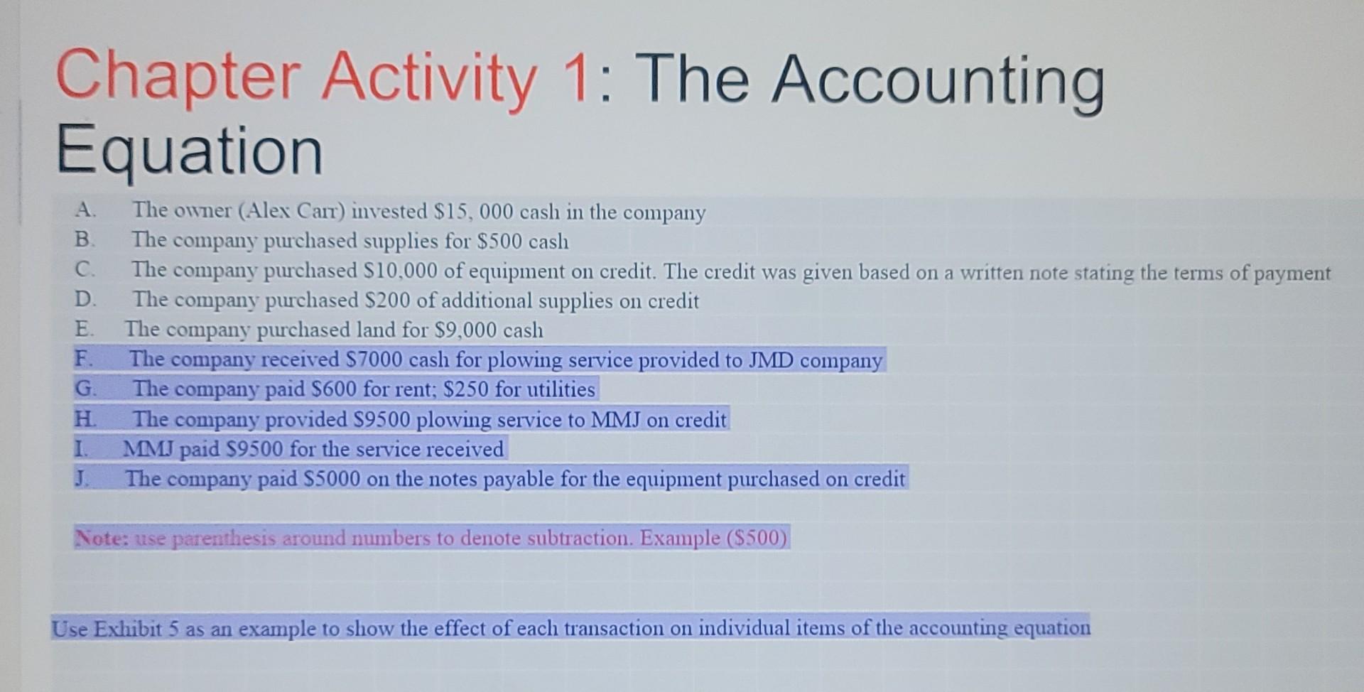 Chapter Activity 1: The Accounting Equation A. The owner (Alex Carr) invested