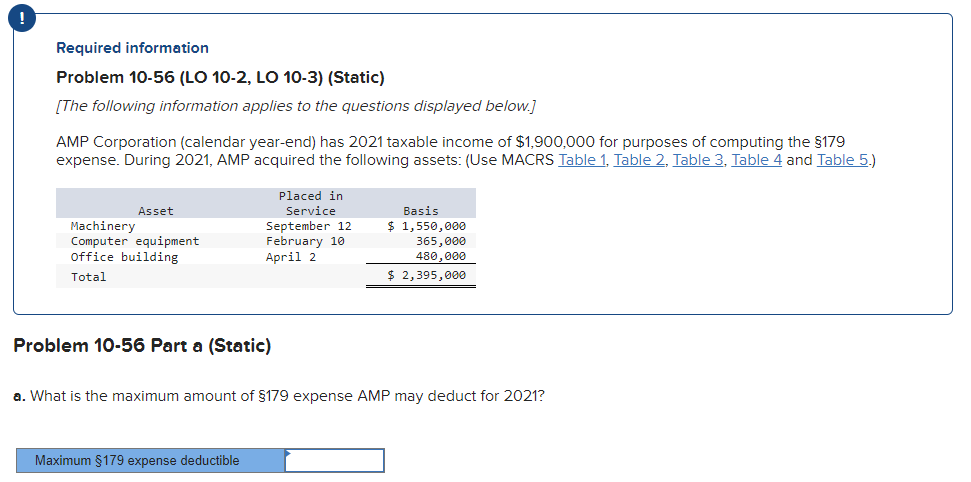 ! Required information Problem 10-56 (LO 10-2, LO 10-3) (Static) [The following