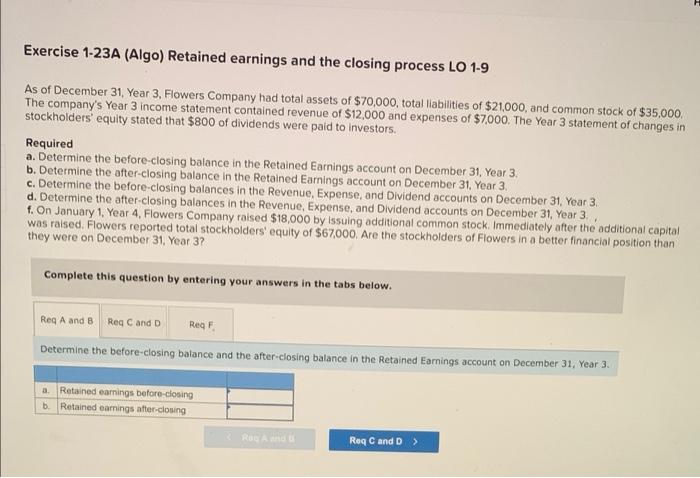 Exercise 1-23A (Algo) Retained earnings and the closing process LO 1-9 As