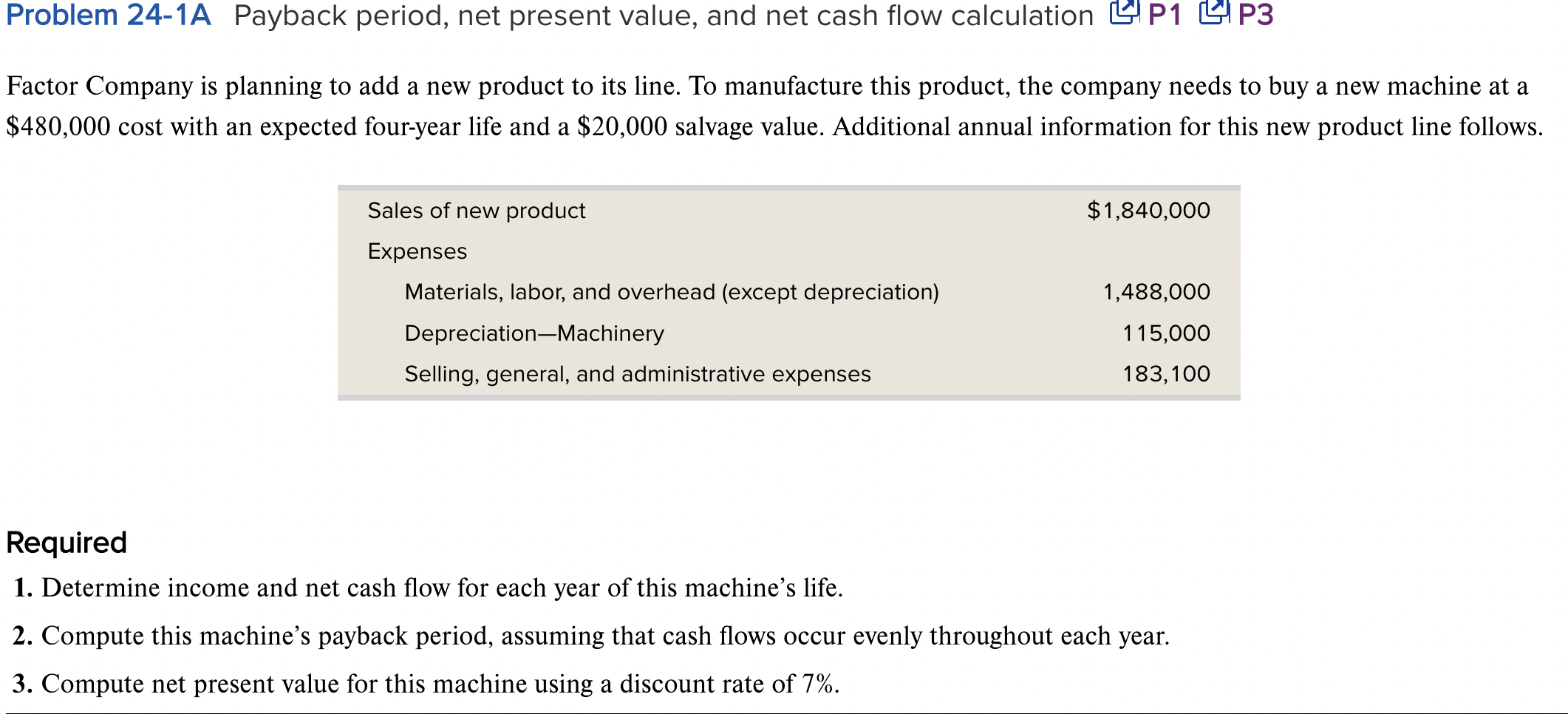 Problem 24-1A Payback period, net present value, and net cash flow calculation