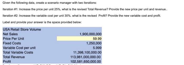 Given the following data, create a scenario manager with two iterations: Iteration