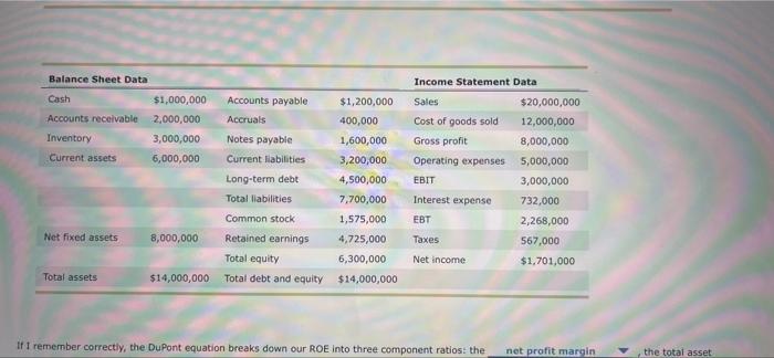 Balance Sheet Data Income Statement Data Cash $1,000,000 Accounts payable $1,200,000 Sales