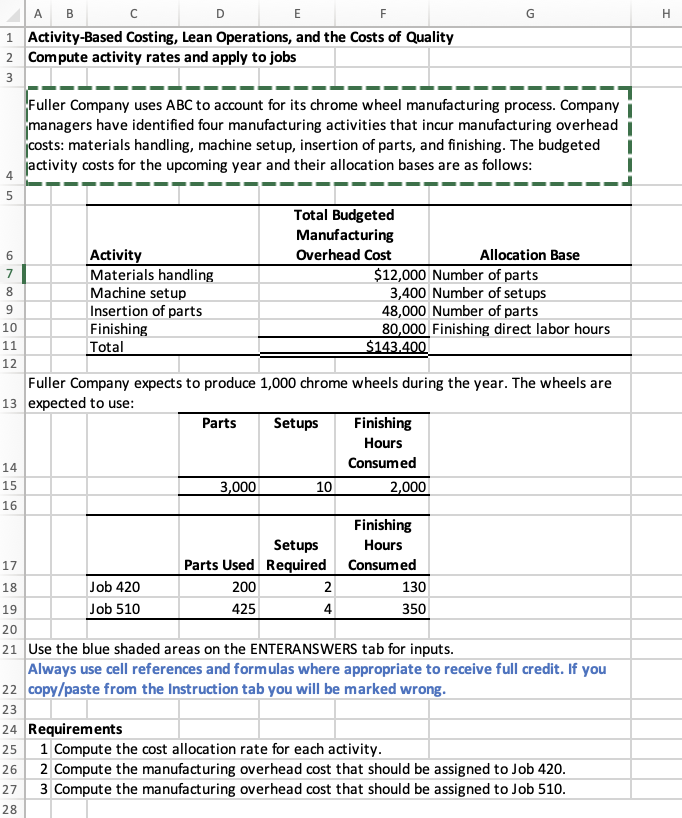 A B C D E F G H 1 Activity-Based Costing, Lean
