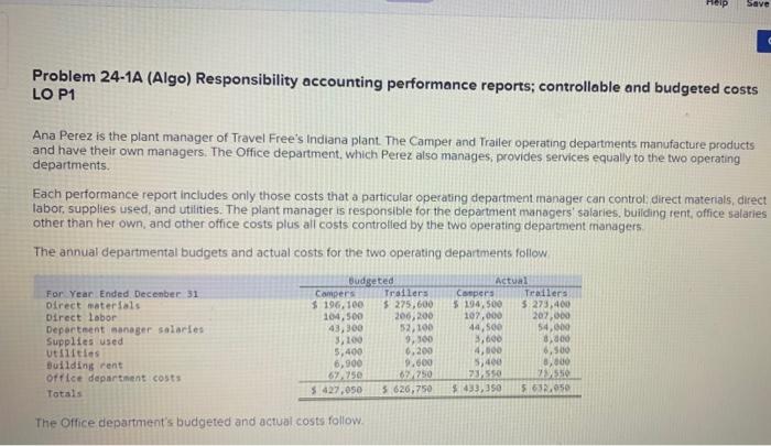 Save Problem 24-1A (Algo) Responsibility accounting performance reports; controllable and budgeted costs