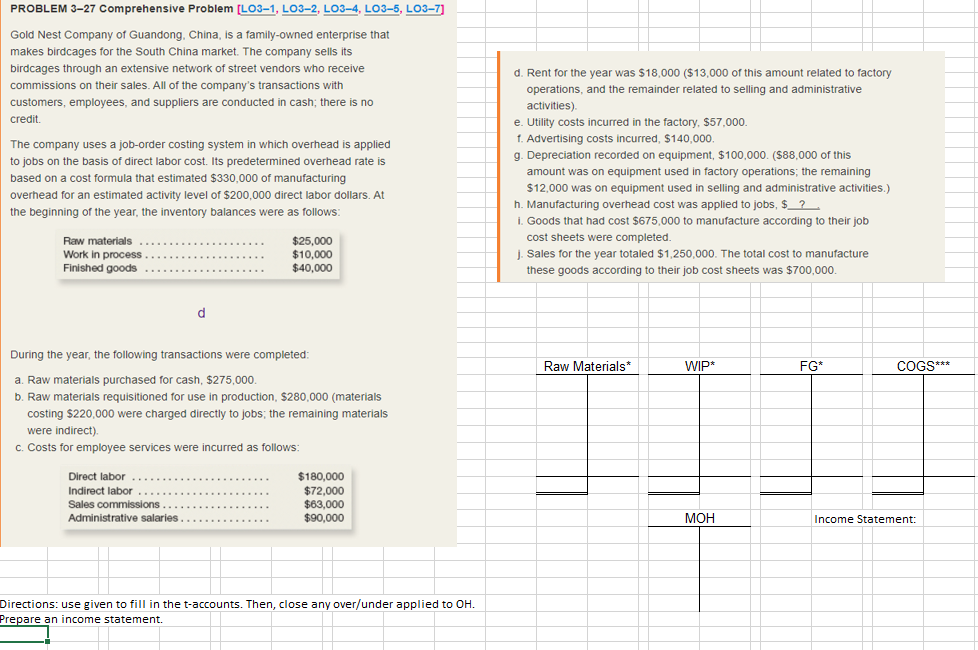 PROBLEM 3-27 Comprehensive Problem [LO3-1, LO3-2, LO3-4, LO3-5, LO3-7] Gold Nest Company