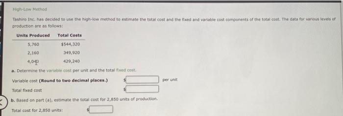 High-Low Method Tashiro Inc. has decided to use the high-low method to