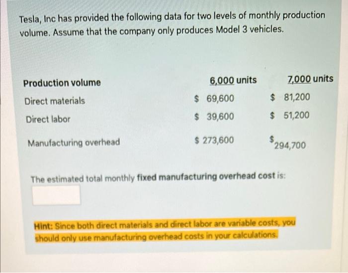Tesla, Inc has provided the following data for two levels of monthly