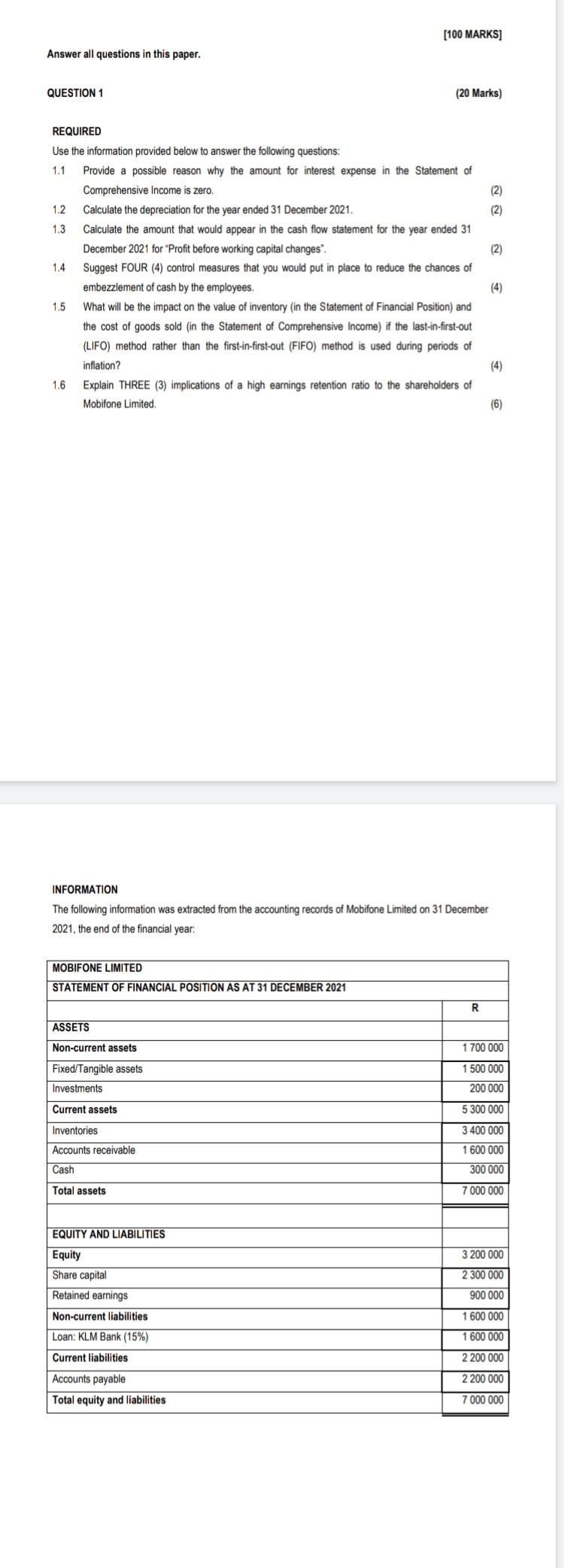 Answer all questions in this paper. QUESTION 1 REQUIRED [100 MARKS] (20