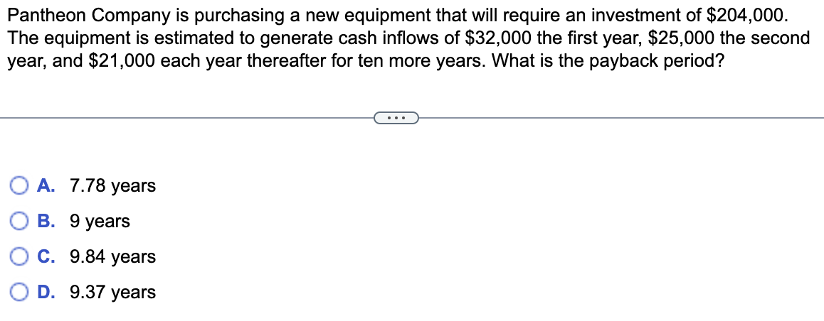 Pantheon Company is purchasing a new equipment that will require an investment