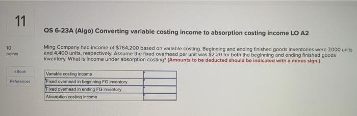 10 11 points eBook References QS 6-23A (Algo) Converting variable costing income