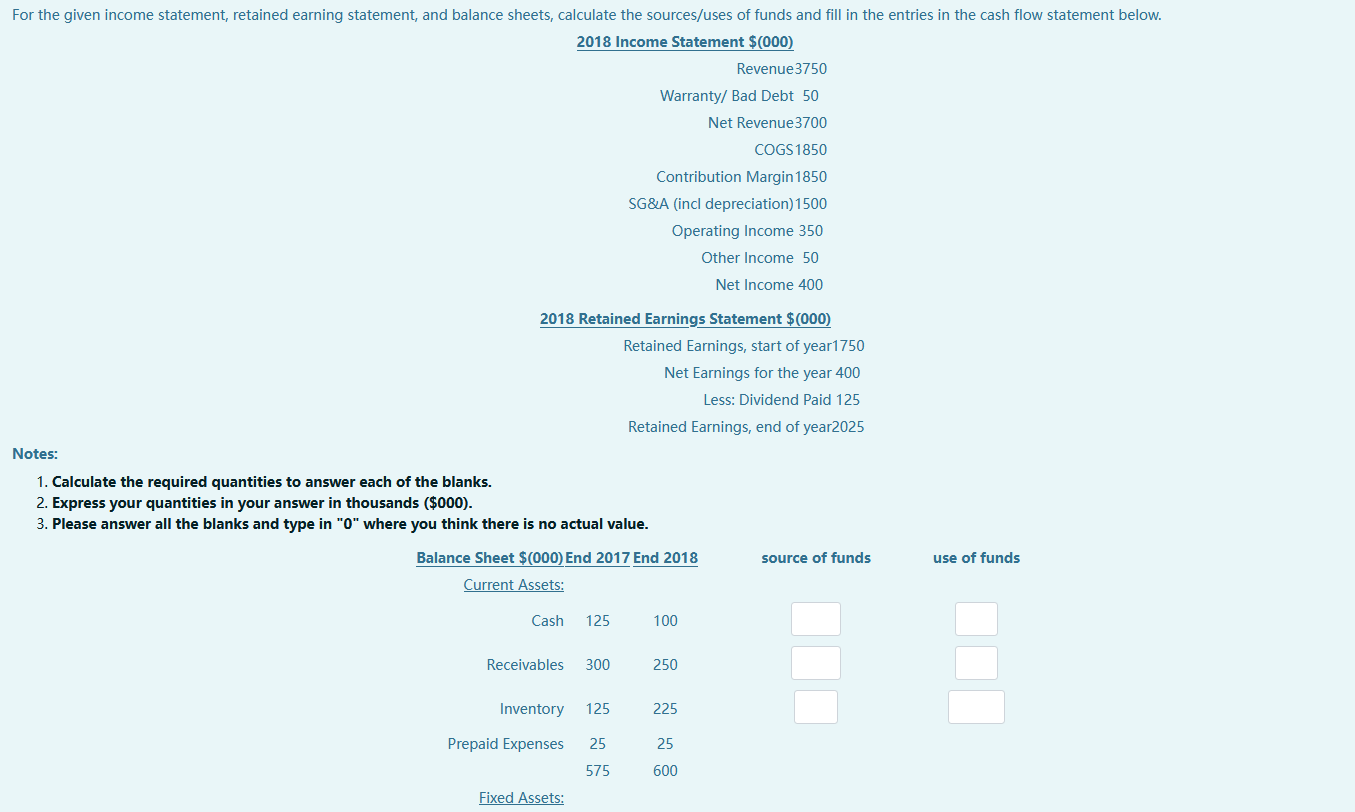 For the given income statement, retained earning statement, and balance sheets, calculate