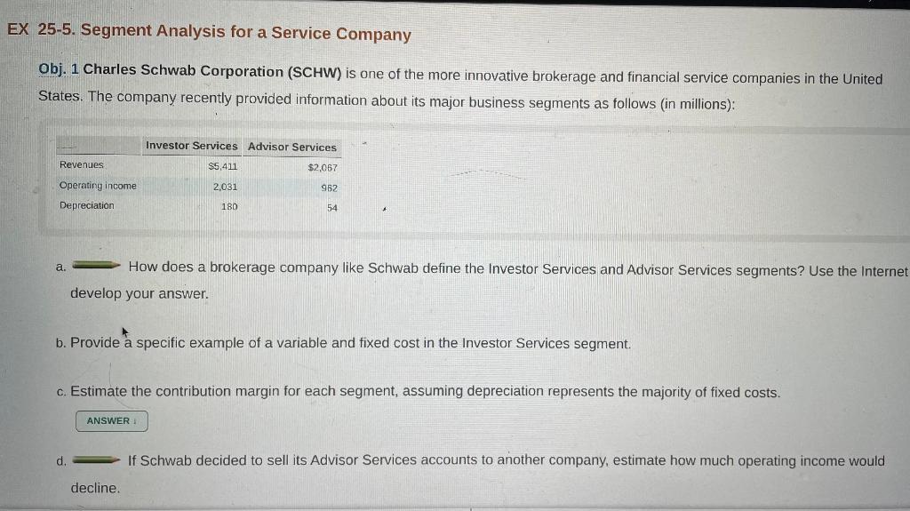 EX 25-5. Segment Analysis for a Service Company Obj. 1 Charles Schwab