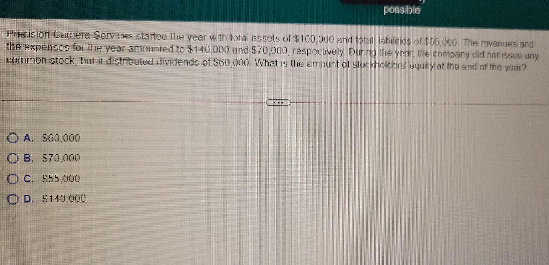 possible Precision Camera Services started the year with total assets of $100,000