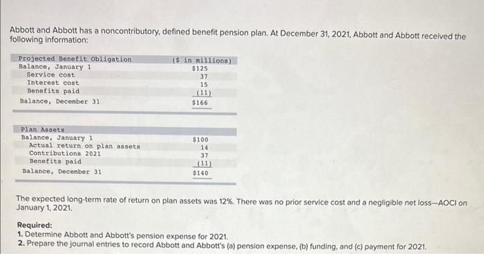 Abbott and Abbott has a noncontributory, defined benefit pension plan. At December