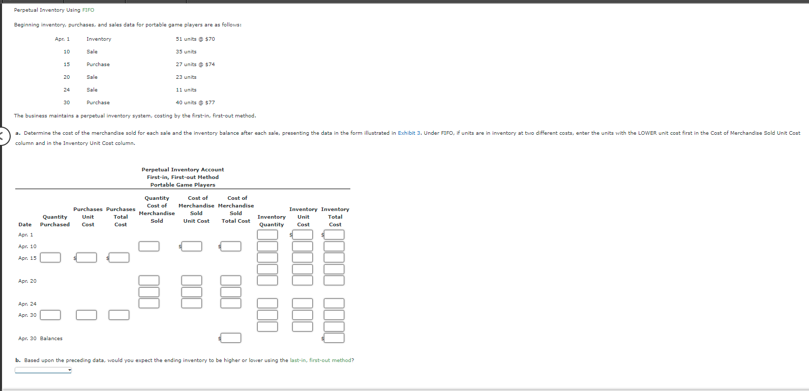 Perpetual Inventory Using FIFO Beginning inventory, purchases, and sales data for portable