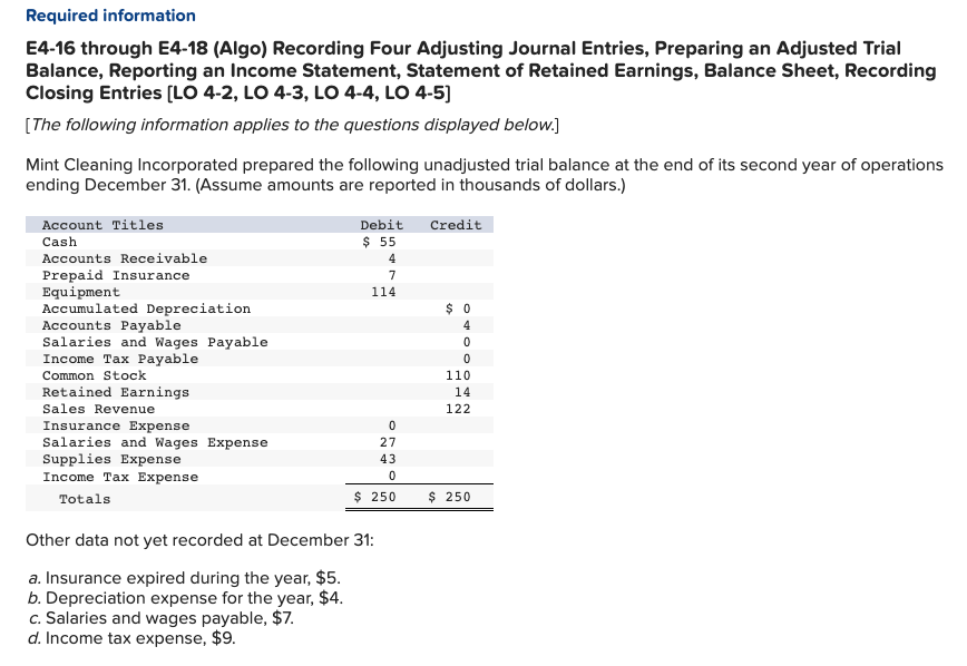 Required information E4-16 through E4-18 (Algo) Recording Four Adjusting Journal Entries, Preparing