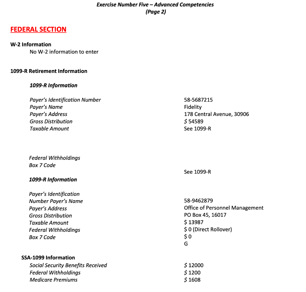 FEDERAL SECTION W-2 Information No W-2 information to enter Exercise Number Five