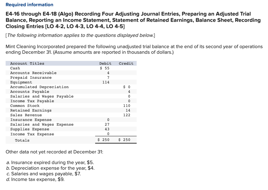 Required information E4-16 through E4-18 (Algo) Recording Four Adjusting Journal Entries, Preparing